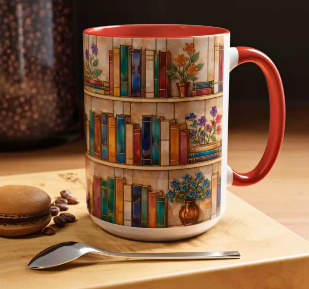 Bookshelf Coffee Mug, Floral Book Lover Gift, Bookish Stained-glass Style Mug, Modern Ceramic Mug – Elevate Your Coffee Time