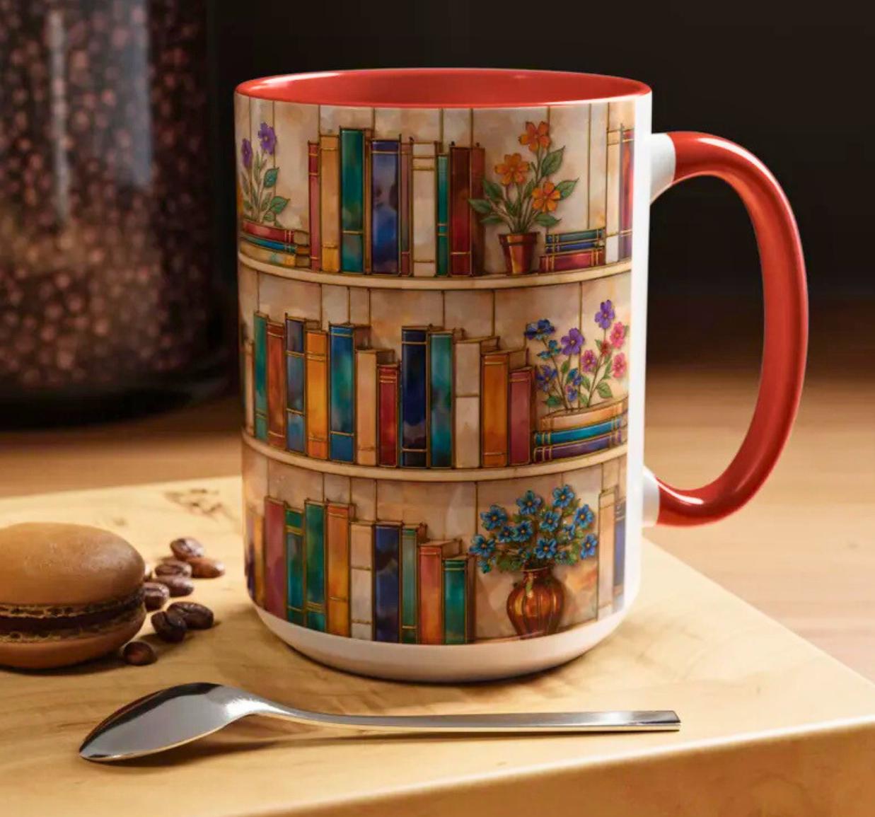 Bookshelf Coffee Mug, Floral Book Lover Gift, Bookish Stained-glass Style Mug, Modern Ceramic Mug – Elevate Your Coffee Time
