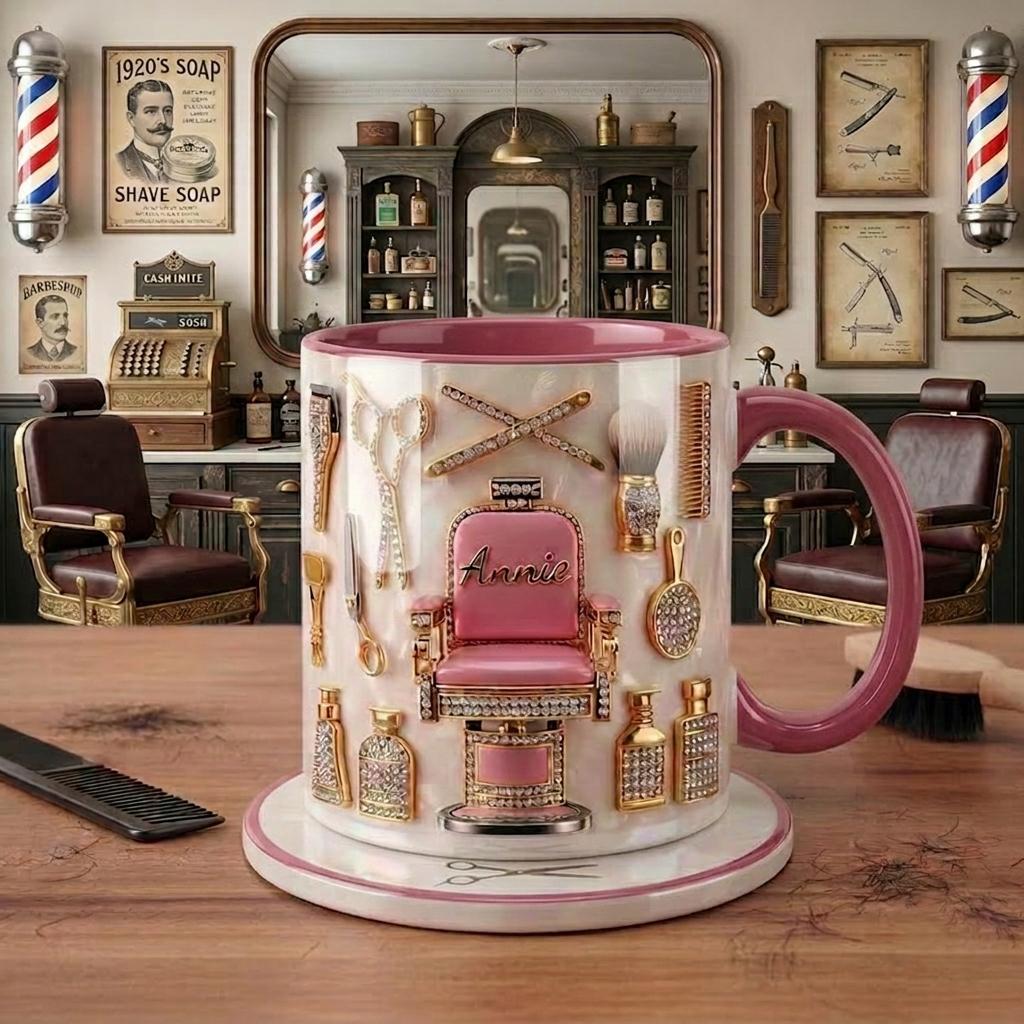 Custom Name Hairstylist Mug, Faux 3D Barber Chair Accent Drinkware, Personalized Salon Coffee Cup, Hairdresser Gift