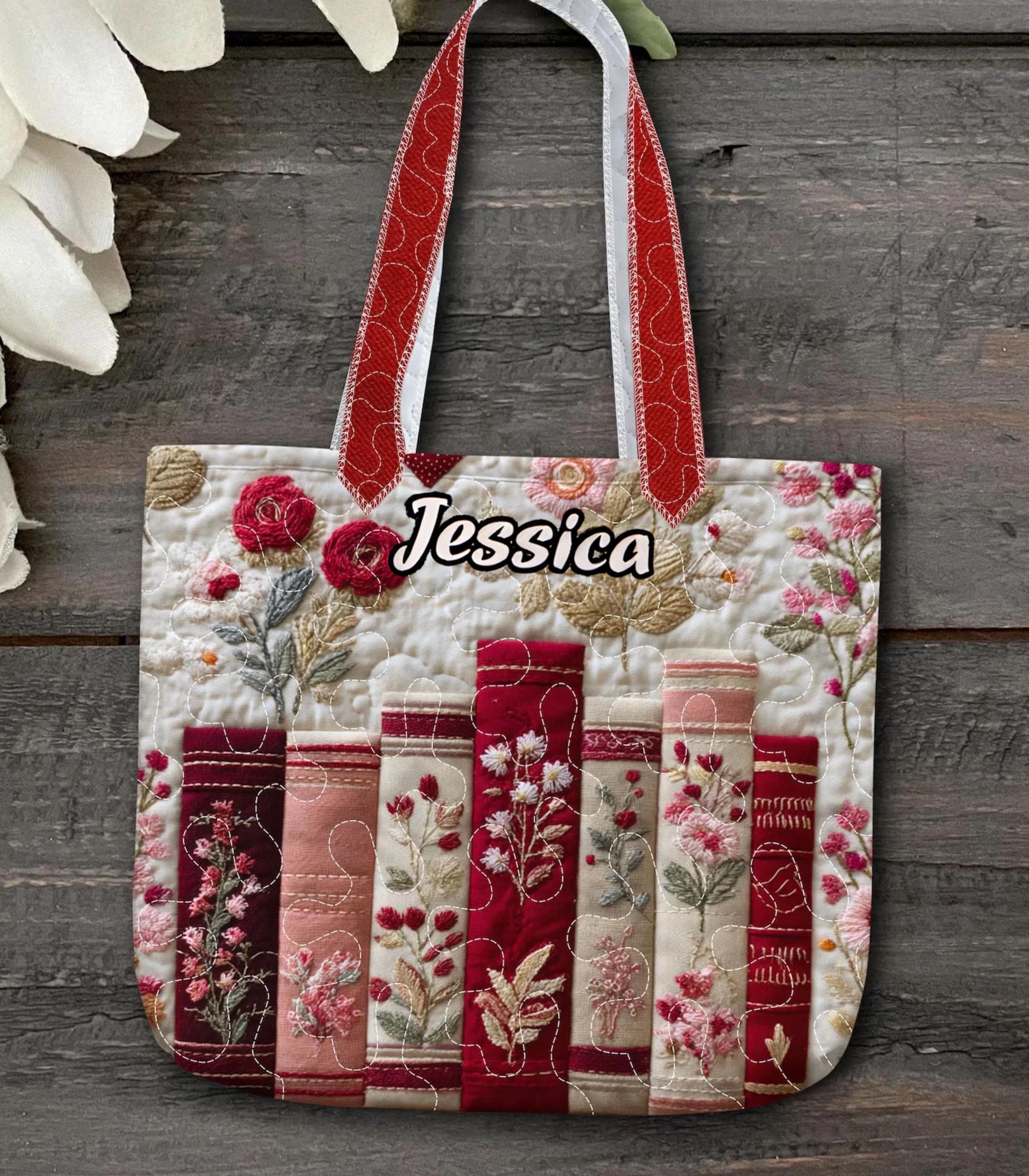 Quilted Book Tote Bag, Vintage Books and Flowers Canvas Shoulder Bag