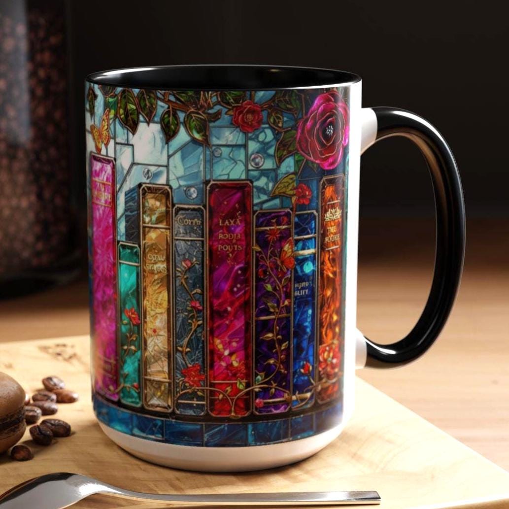 Bookish Stained Glass Mug _ Vintage Bookshelf, Cozy Reader Gift, Cozy Reader Gift, Book Lover Gift, Reading Mug for Women, Library Aesthetic Cup 15oz