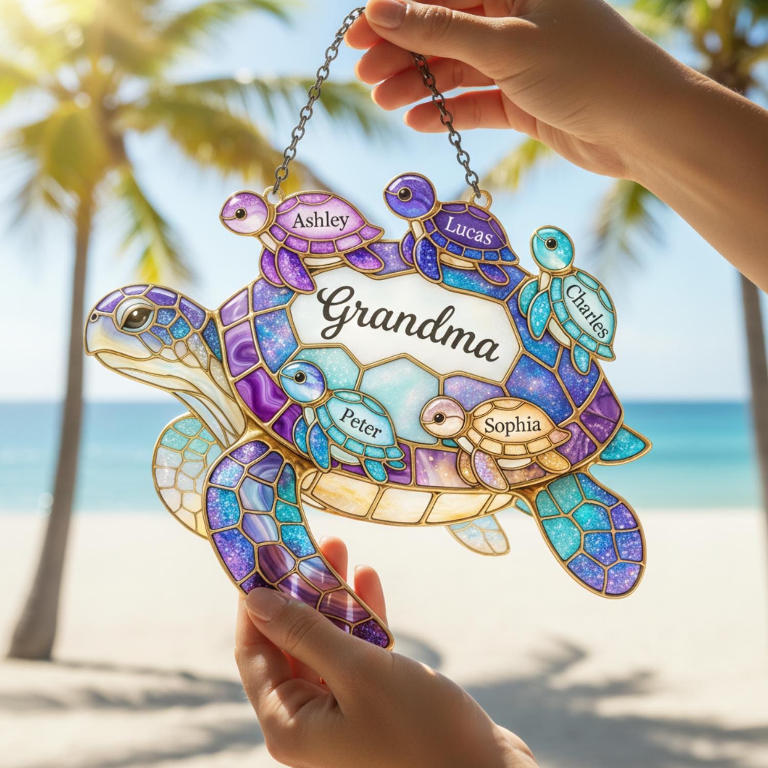 Personalized Sea Turtle Family Suncatcher, Custom Grandma Turtle Acrylic Window Art, Faux Stained Glass Ocean Decor, Mother's Day Gift