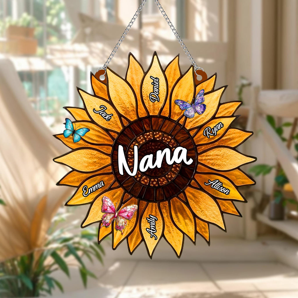 Personalized Sunflower Suncatcher for Nana Grandma, Stained Glass Window Hanging, Family Sunflower Mother's Day Gift, Birthday Gift for Mom