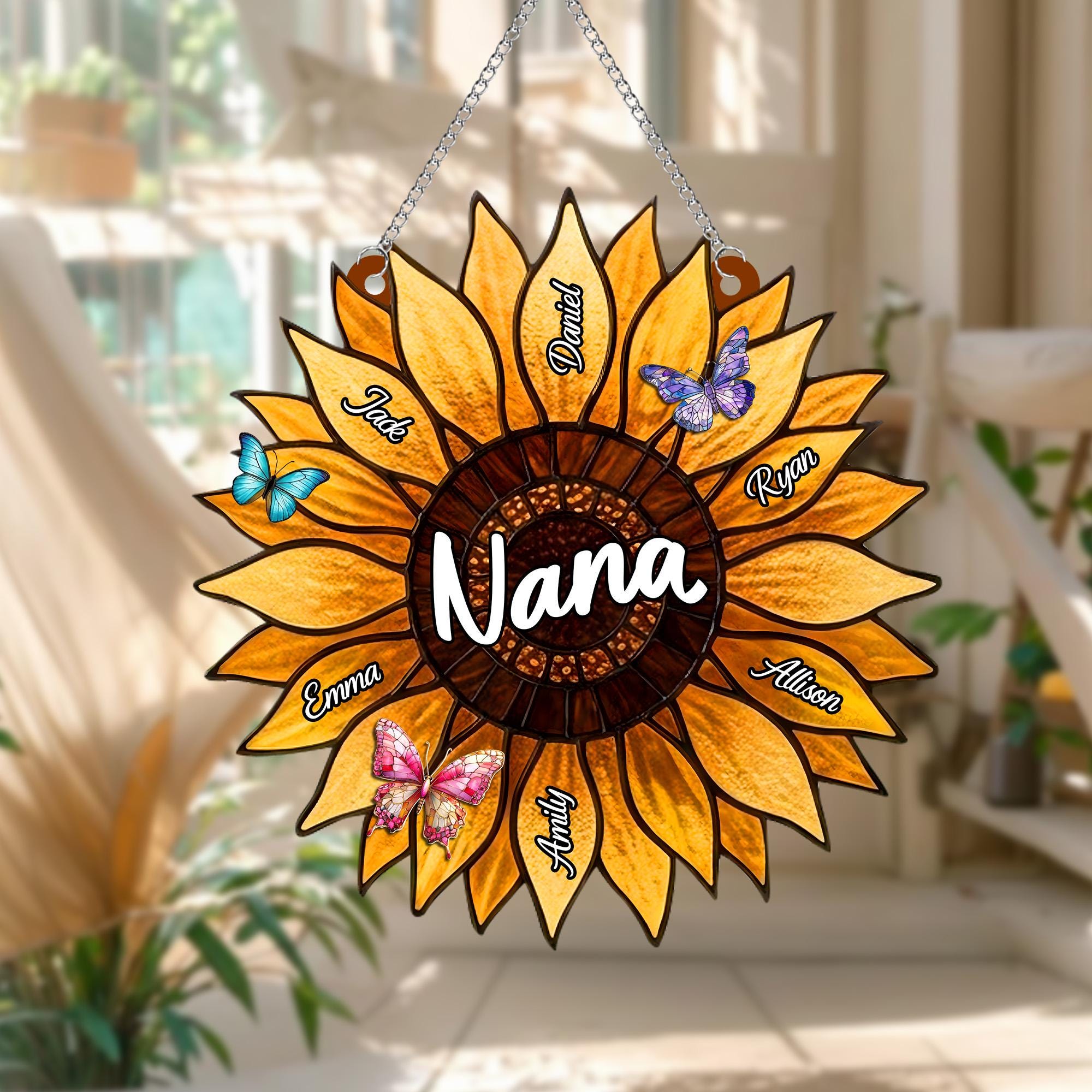 Personalized Sunflower Suncatcher for Nana Grandma, Stained Glass Window Hanging, Family Sunflower Mother's Day Gift, Birthday Gift for Mom