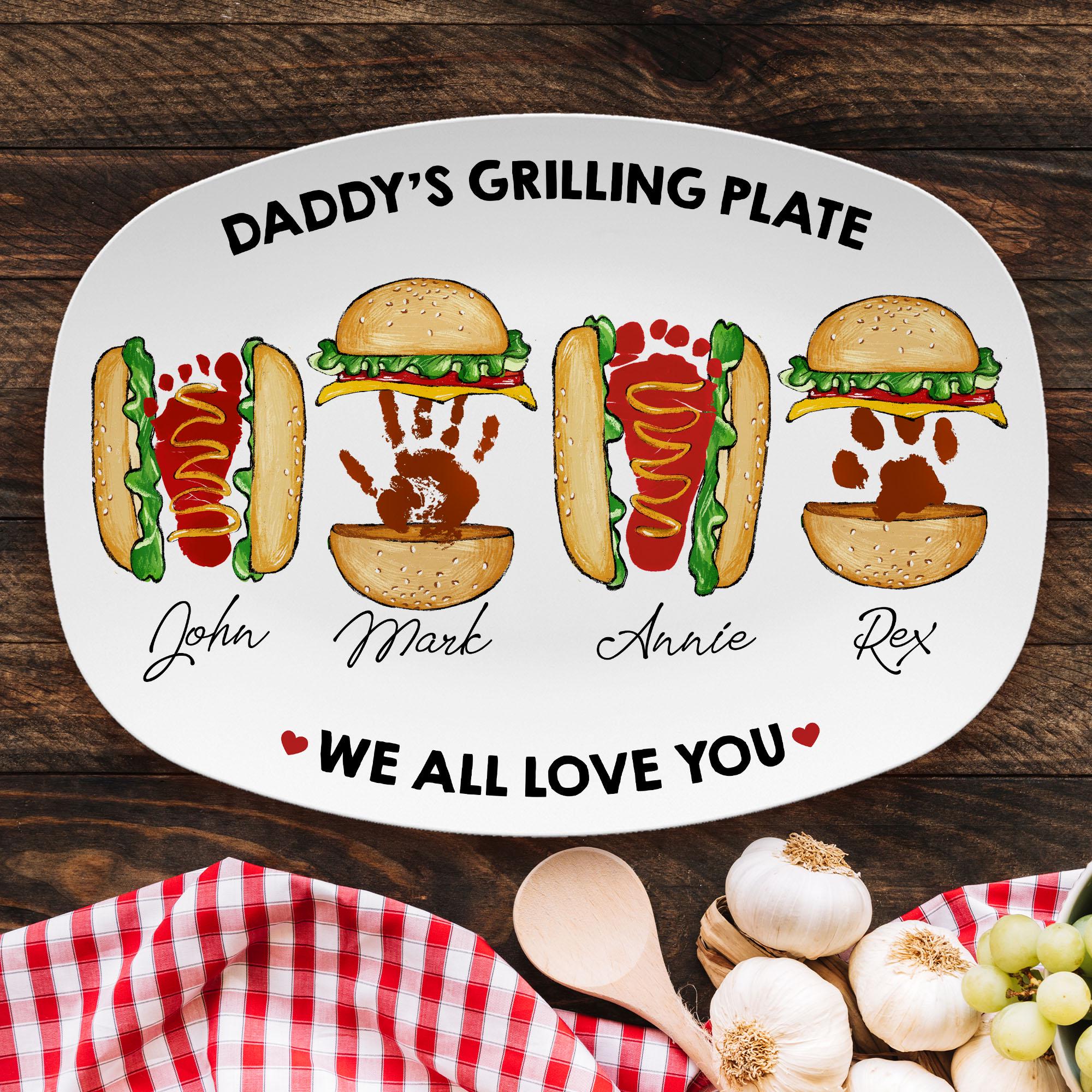 Personalized Daddy's Grilling Plate - Custom Burger Hot Dog Handprint Footprint Platter, Gift for Dad From Kids, BBQ Serving Tray