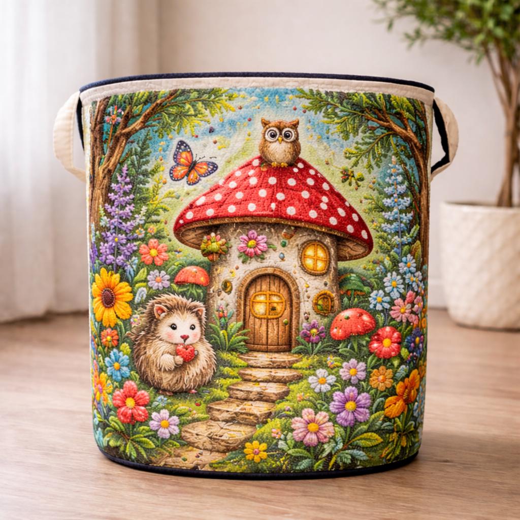 Quilted Laundry Basket With Forest Mushroom House Design, Cute Laundry Hamper, Fabric Storage Basket, Nursery Decor, Gift for Home