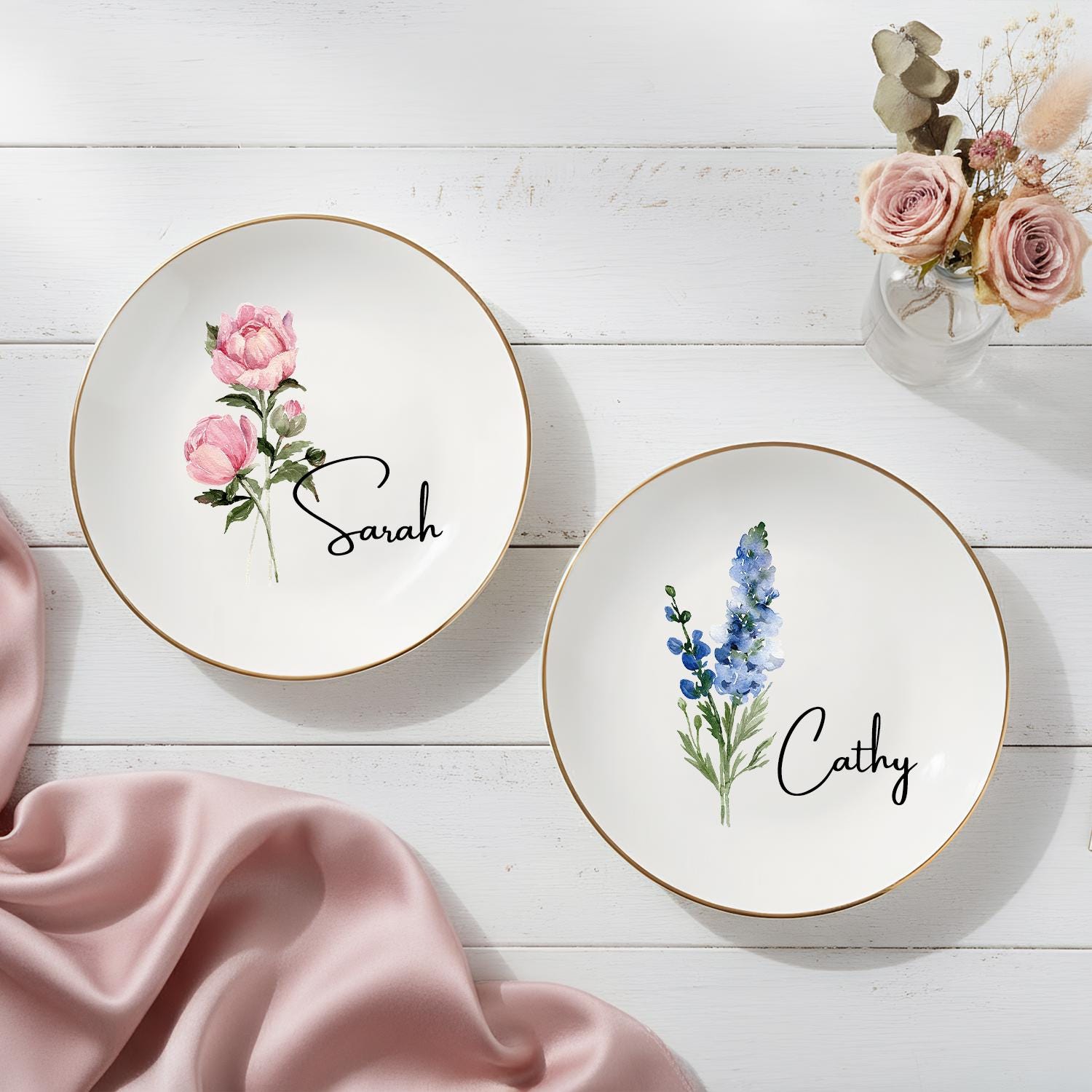 Personalized Birth Flower Trinket Dish, Custom Watercolor Flower Ring Dish, Wedding Bridesmaid Gift, Birthday Jewelry Dish, Christmas Gifts