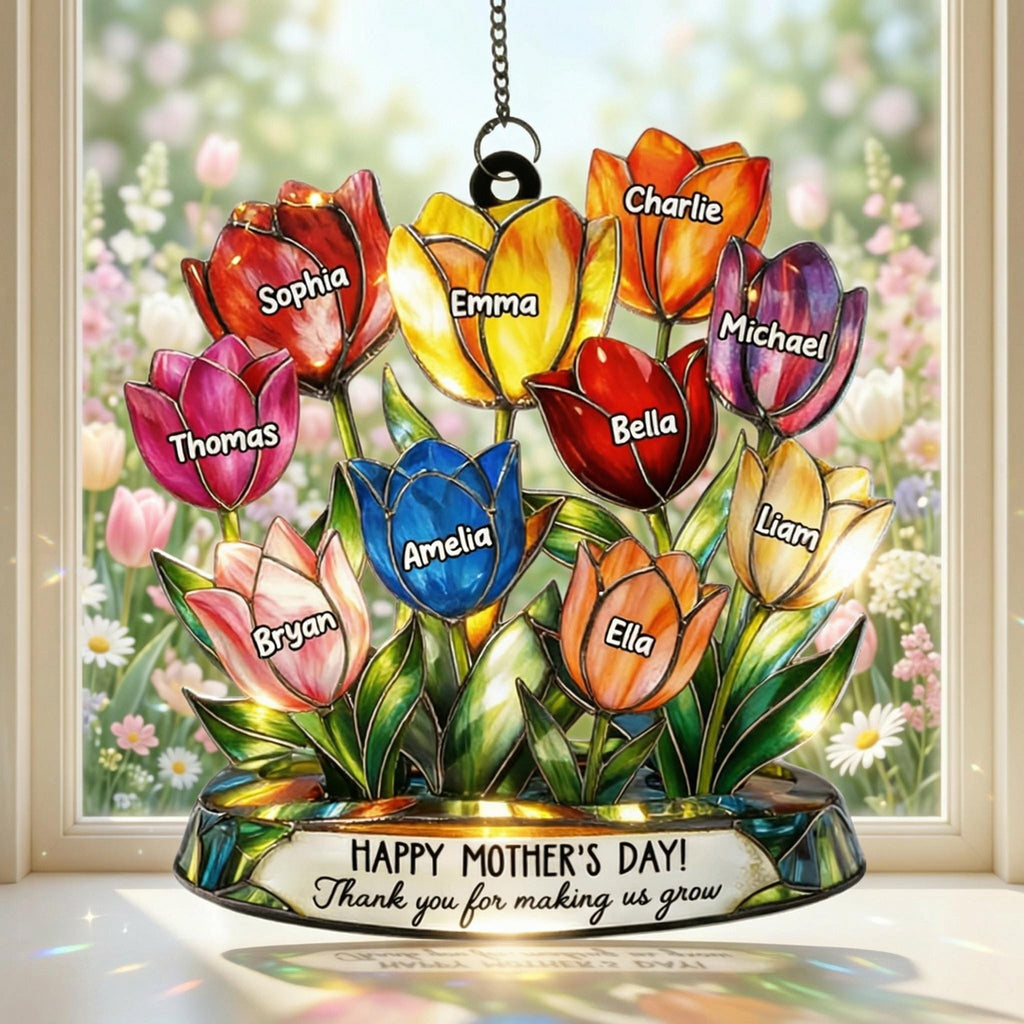 Personalized Tulip Glass Suncatcher, Custom Tulip Family Window Hanging, Gift for Mom, Mother’s Day Gift, Custom Names Flower Decor