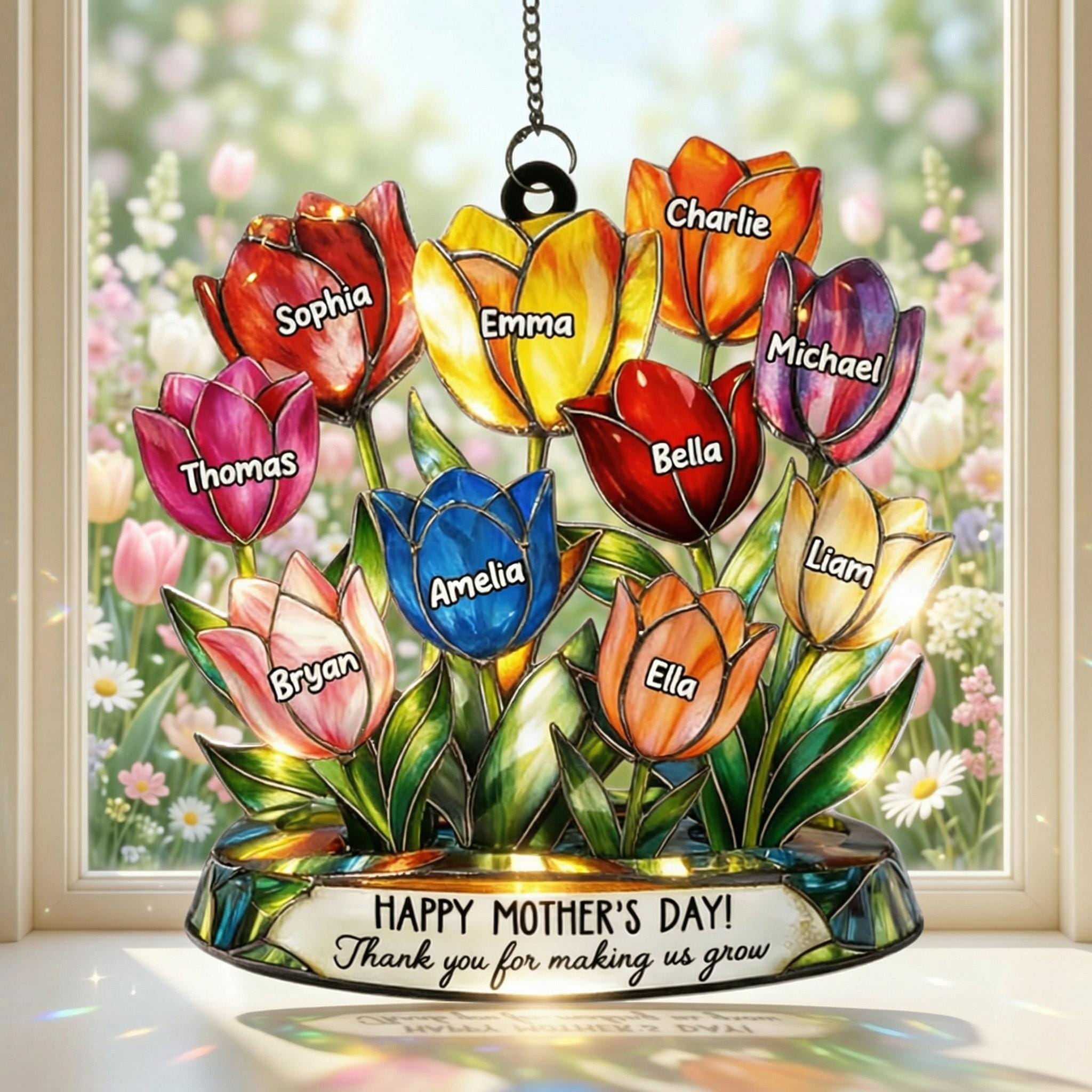 Personalized Tulip Glass Suncatcher, Custom Tulip Family Window Hanging, Gift for Mom, Mother’s Day Gift, Custom Names Flower Decor