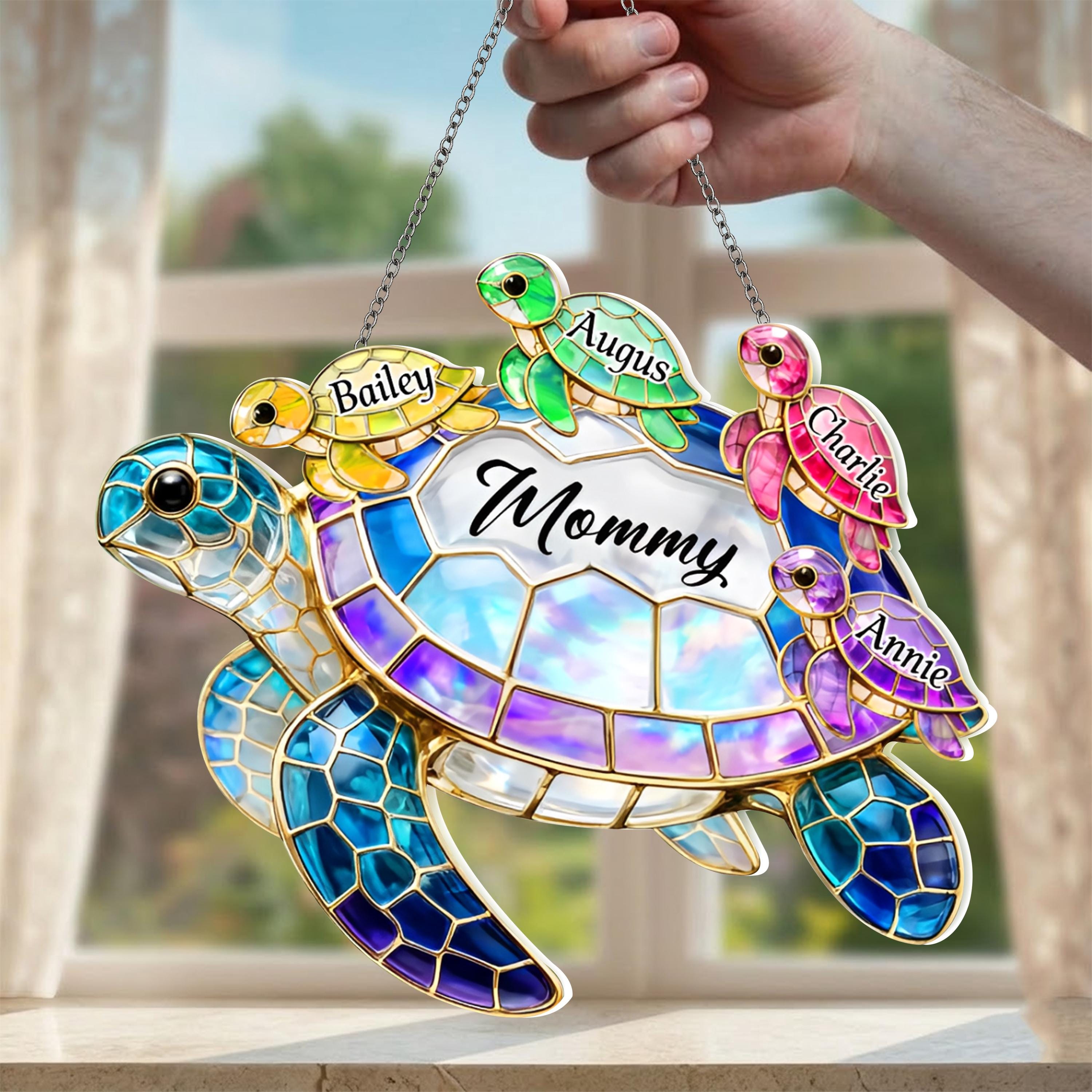 Personalized Grandma Sea Turtle Acrylic Suncatcher, Custom Family Names Hanging Window Decor, Cute Gift for Granny Mother’s Day Birthday