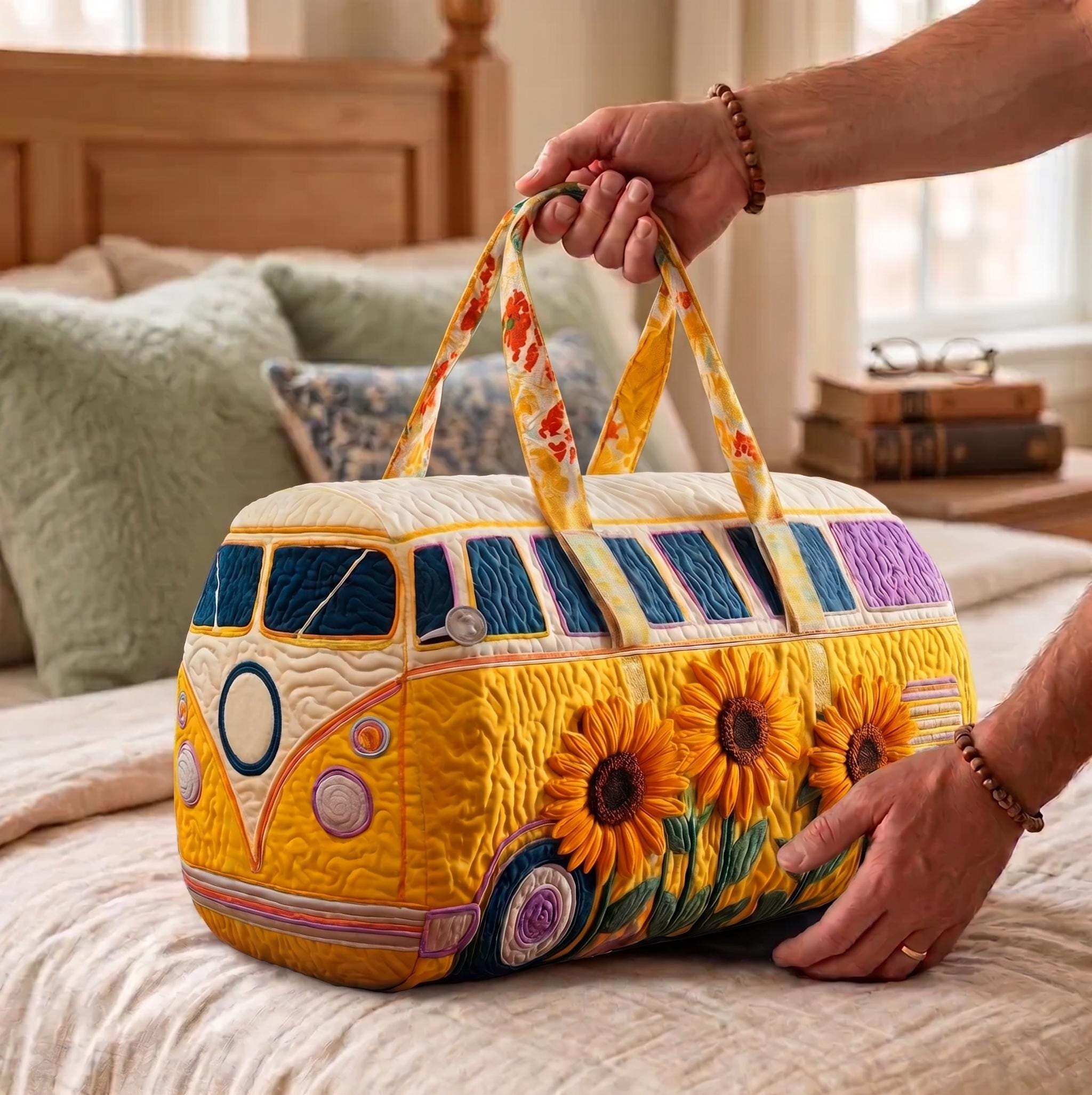 Sunflower Camper Quilted Duffle Bag, Boho Floral Weekender Bag, Travel Lover Gift, Camping Overnight Bag, Summer Road Trip Tote