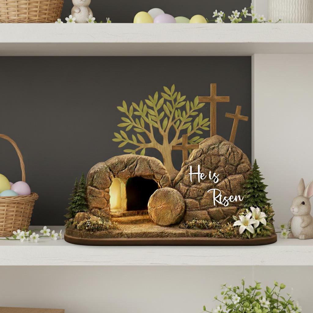 He is Risen Easter Wooden Decor, Christian Resurrection Empty Tomb Scene, Handmade Religious Cross Egg Ornament, Faith Easter Home Gift