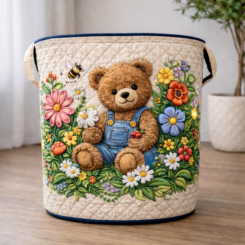 Quilted Laundry Basket With Cute Bear Design, Large Fabric Storage Bin for Clothes, Nursery Toy Organizer, Decorative Laundry Hamper