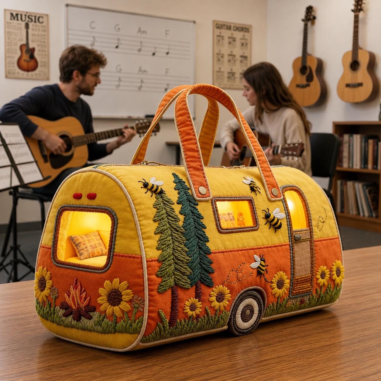 Quilted Camping Trailer Duffle Bag, Cozy Camping Weekender Bag, Sunflower Bee Travel Tote, Forest Glamping Overnight Bag Gift