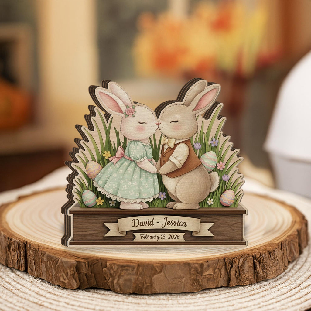 Personalized Wooden Block Easter Bunny Couple Decor, Layered Spring Rabbit Shelf Sign