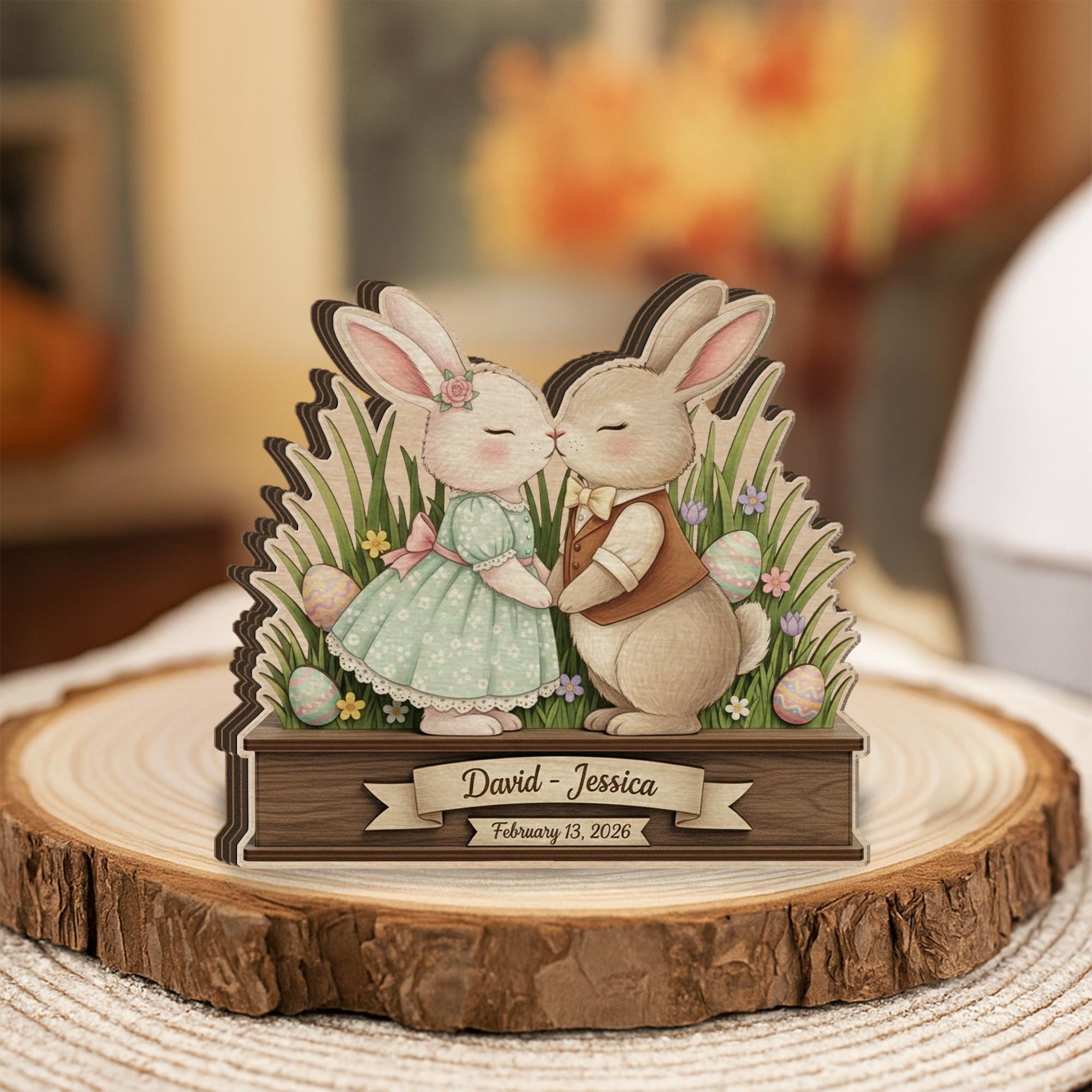 Personalized Wooden Block Easter Bunny Couple Decor, Layered Spring Rabbit Shelf Sign
