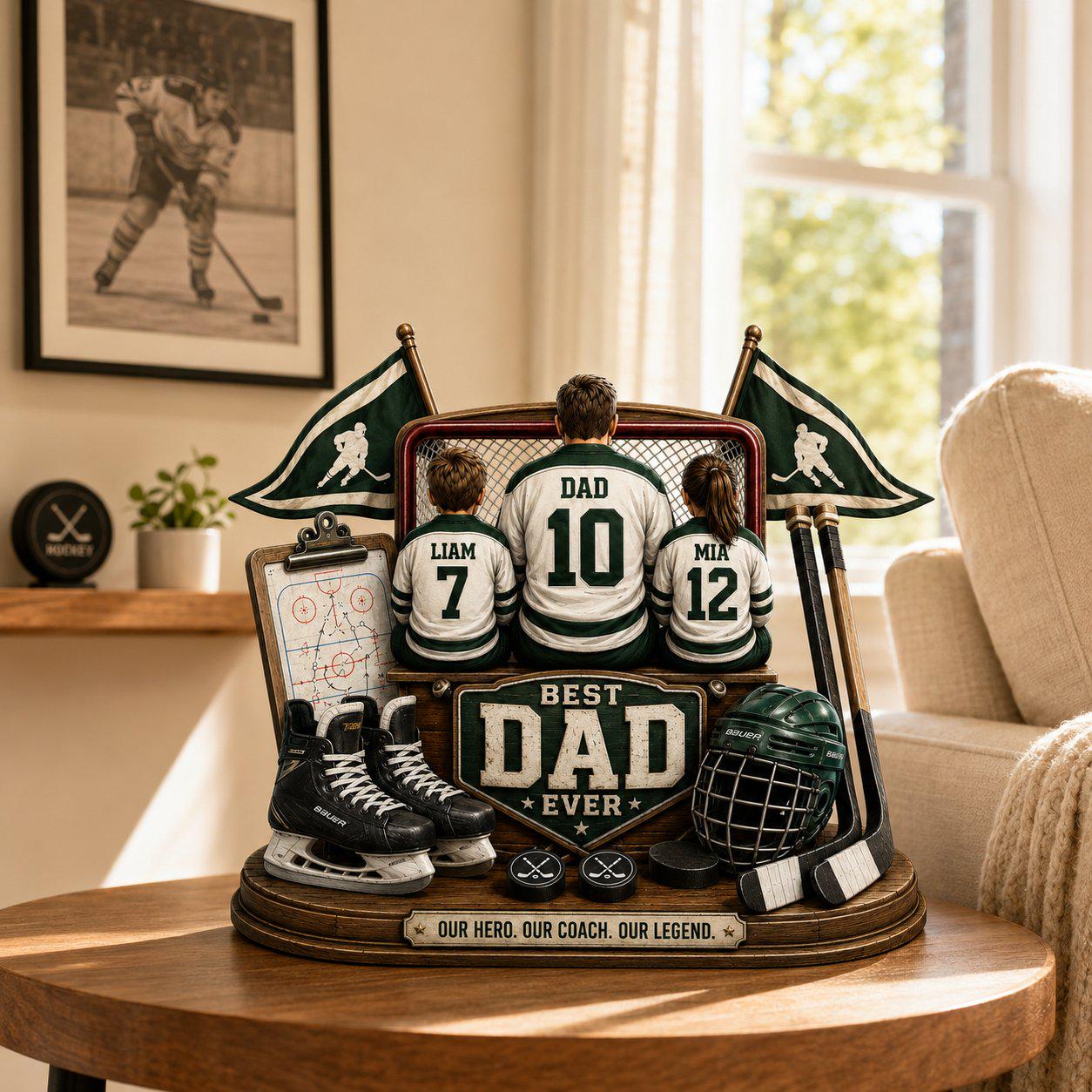 Personalized Hockey Best Dad Ever Wooden Block, Hockey Family Keepsake, Fathers Day Decor, Hockey Dad and Son Plaque, Hockey Players Gift