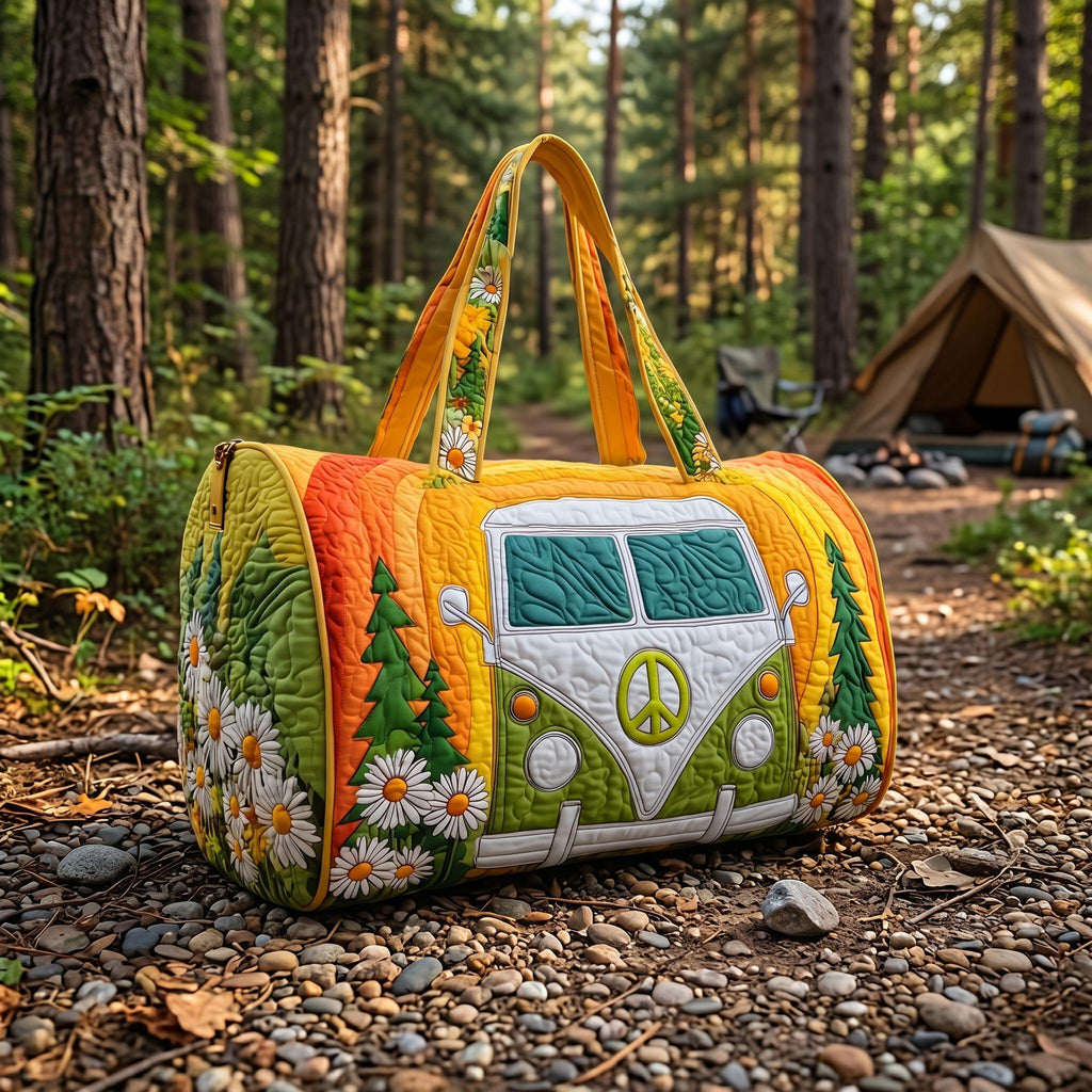 Quilted Camper Van Weekender Bag – Daisy Boho Travel Tote, Forest Nature Overnight Bag, Cute Outdoor Duffel Gift for Women
