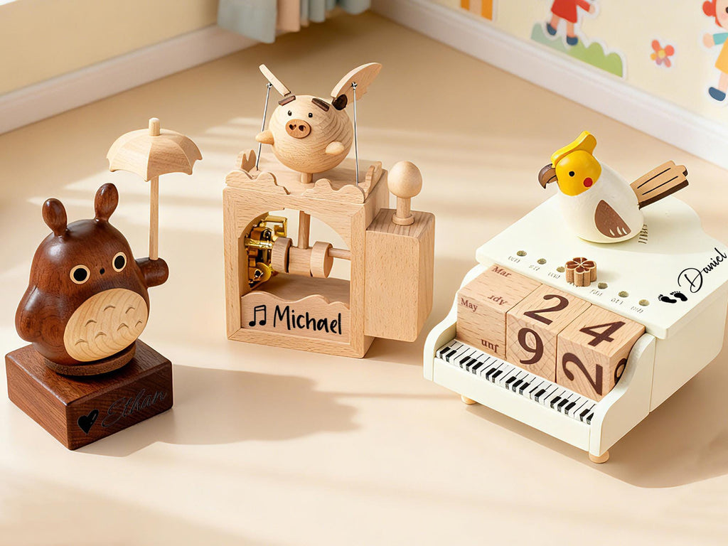 Personalized Wood Carving Handmade Music Box, Custom Flying Pig Musical Toy for Kids, Baby Shower Gifts, Piano Calendar Music Box