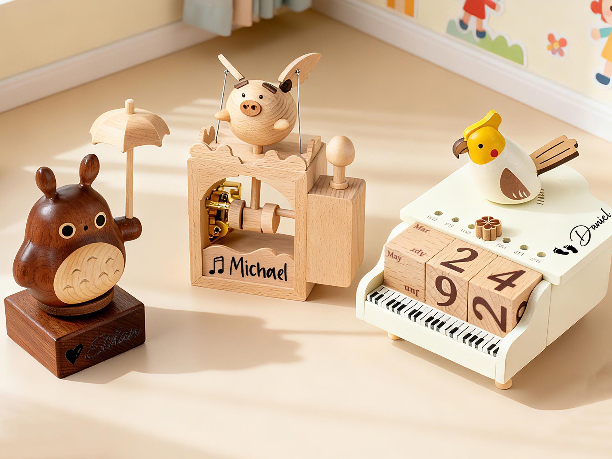 Personalized Wood Carving Handmade Music Box, Custom Flying Pig Musical Toy for Kids, Baby Shower Gifts, Piano Calendar Music Box