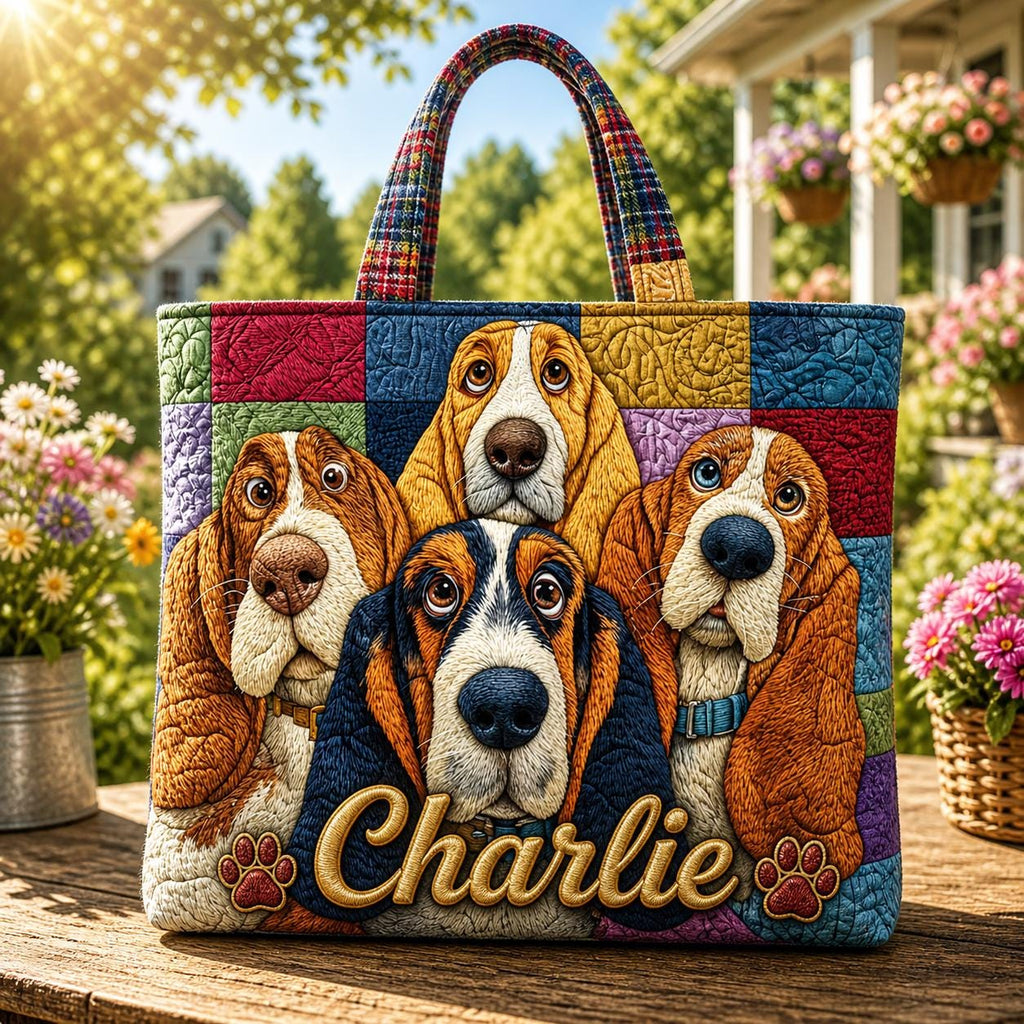 Personalized Basset Hound Quilted Tote Bag, Custom Name Silly Dog Tote, Cute Pet Bag, Quilted Shoulder Bag, Handbag for Animal Lover