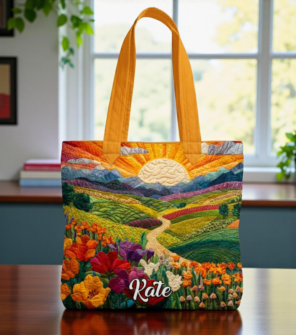 Personalized Sunrise Quilt Tote Bag, Colorful Mountain Landscape Tote Bag, Custom Name Nature Quilt Tote Bag, Cozy Gift for Nature Lovers