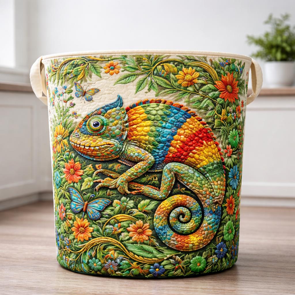 Colorful Chameleon Quilted Laundry Basket, Tropical Floral Fabric Storage Bin, Foldable Laundry Hamper, Nursery Organizer Decor