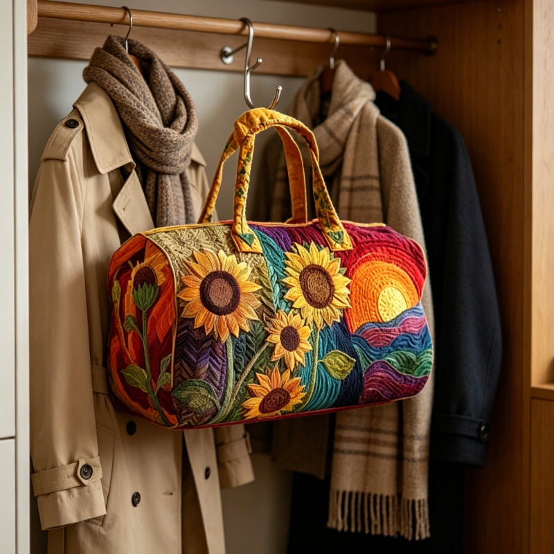 Women Van Sunflower Rainbow Quilted Look Duffle Bag, Large Capacity Travel Weekender Bag, Flat Printed Overnight Handbag