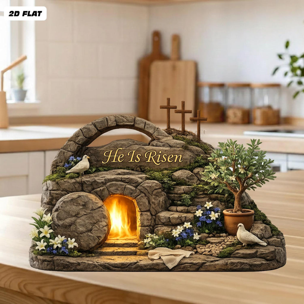 Easter He is Risen Lighted Tomb Diorama Wooden Block, Christian Spring Table Decor, Religious Centerpiece for Easter, Faith Home Decor Gift