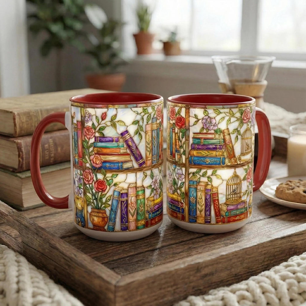 Stained-glass Style Floral Bookshelf Mug, Book Lover Gift, Bookish Mug, Library Cup, Gift Mug – Thoughtful Design for Coffee Lovers
