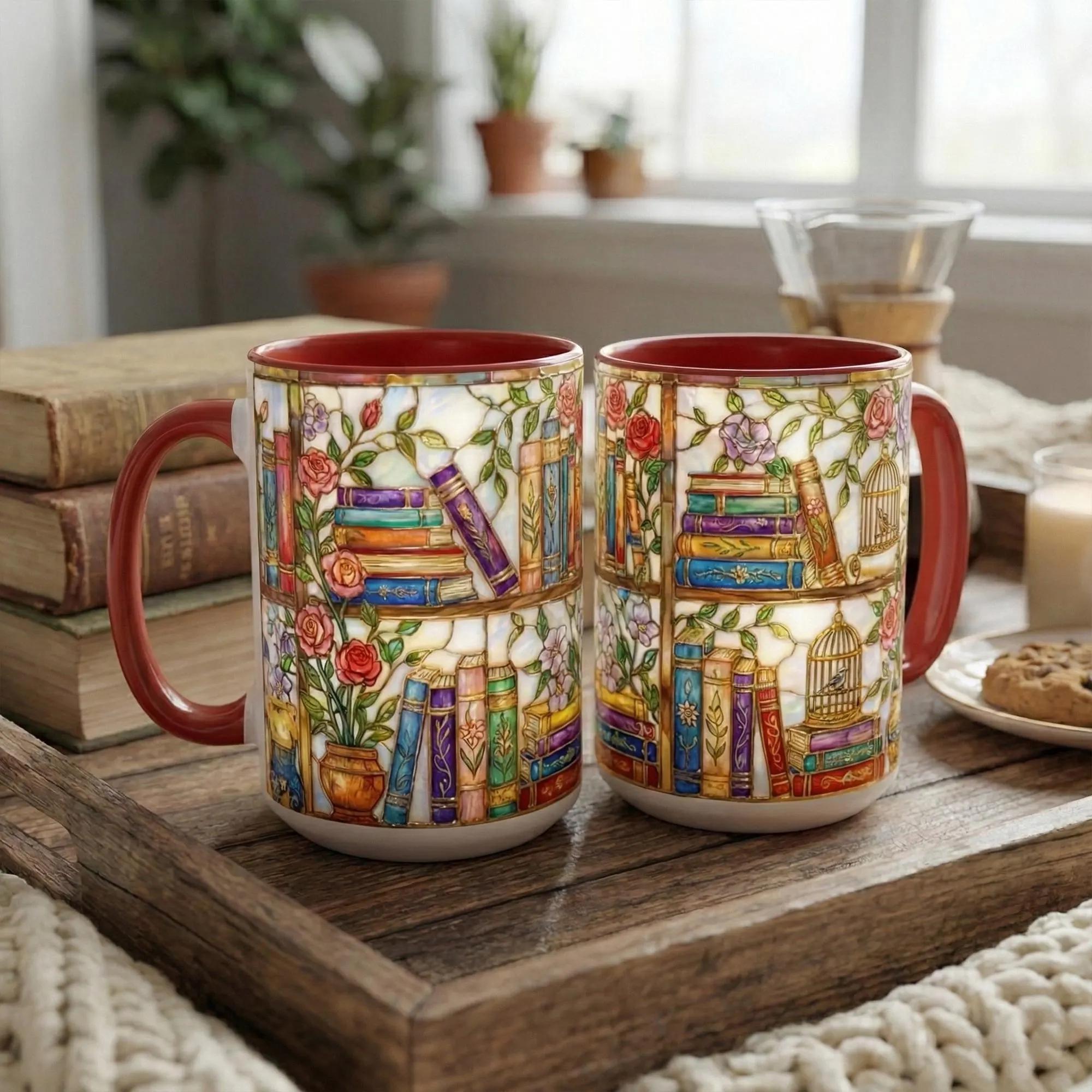 Stained-glass Style Floral Bookshelf Mug, Book Lover Gift, Bookish Mug, Library Cup, Gift Mug – Thoughtful Design for Coffee Lovers
