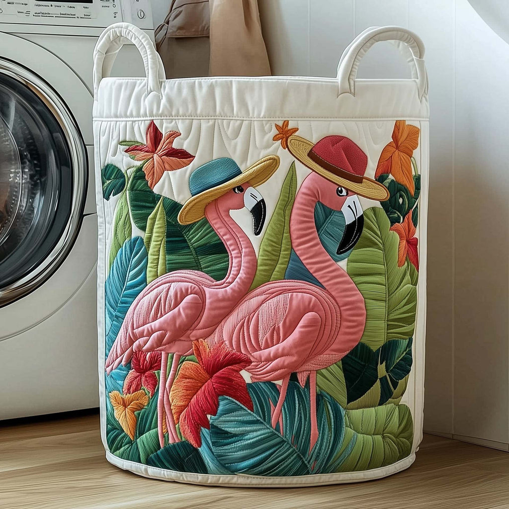 Tropical Flamingo Quilted Laundry Basket, Large Foldable Hamper with Handles, Pink Bird Fabric Storage Bin for Bedroom Bathroom Decor