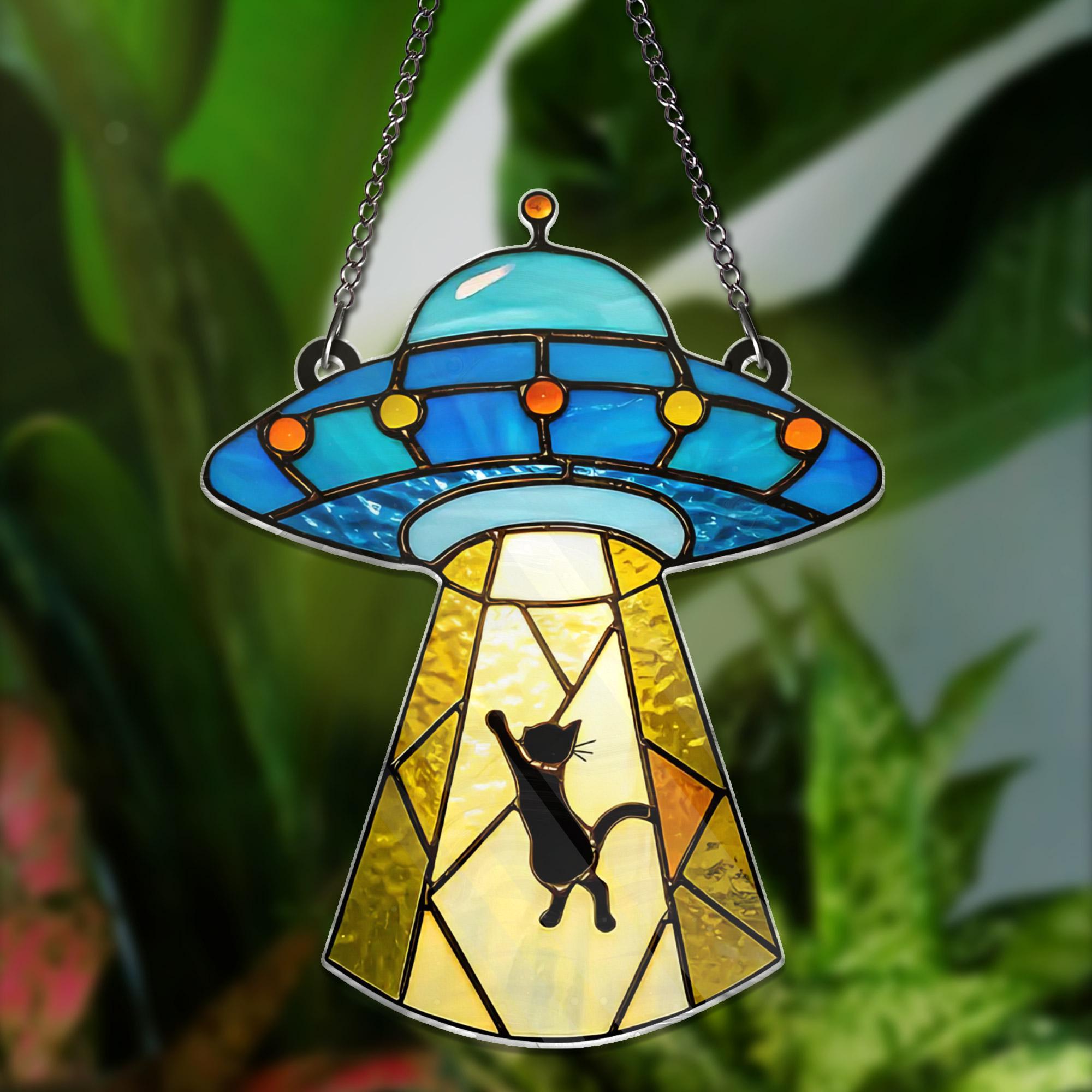 Cat Ufo Encounter ACRYLIC Window Hanging, Cat Inspire Art Custom Acrylic Cat Gifts Cat Memorial Gifts Cat Lovers NOT GLASS