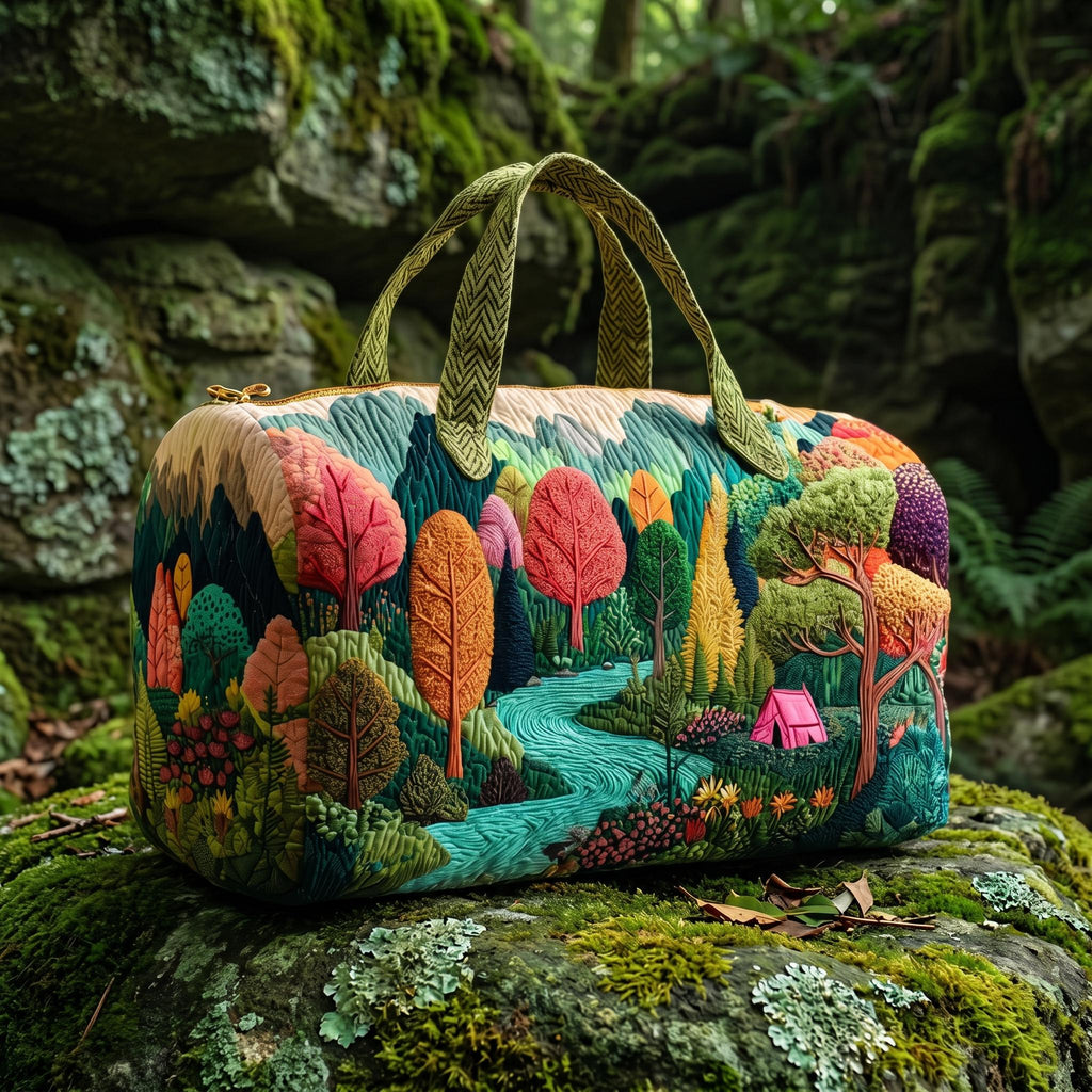 Colorful Woodland Quilted Duffle Bag, Forest Nature Weekender Bag, Scenic Travel Tote, Camping Overnight Bag, Adventure Lover Gift