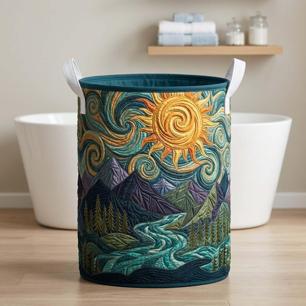 Deep Forest Stream Quilted Laundry Basket_ Sky Flow Foldable Clothes Storage Bin, Woodland Nature Hamper