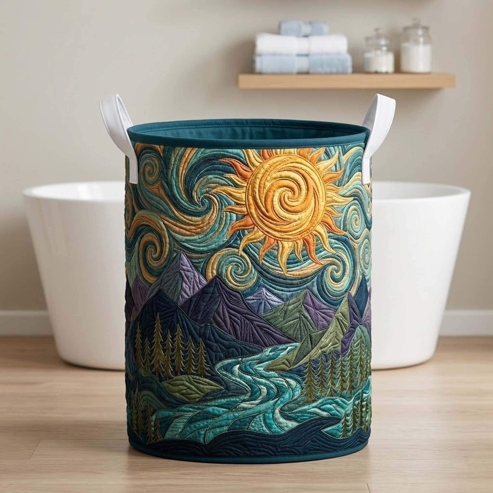 Deep Forest Stream Quilted Laundry Basket_ Sky Flow Foldable Clothes Storage Bin, Woodland Nature Hamper