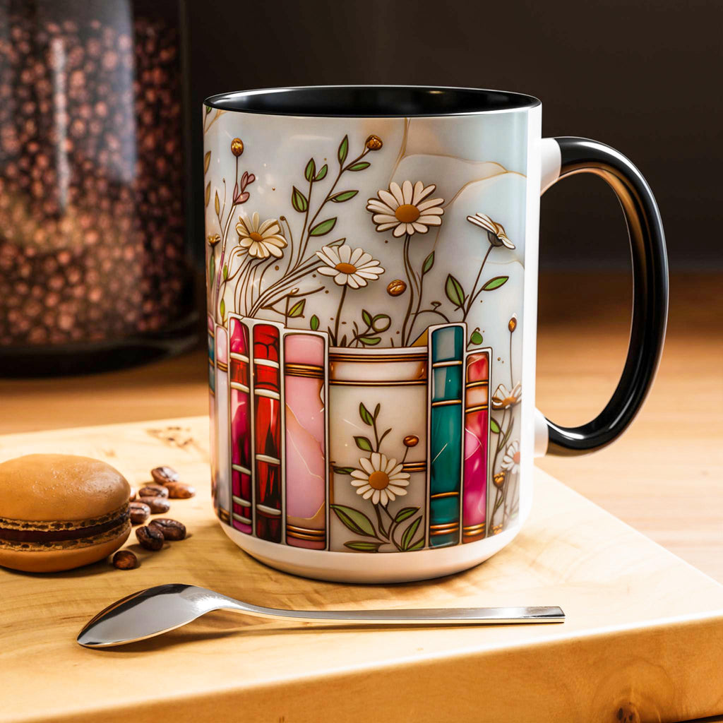Stained Glass Floral Bookshelf Mug 15oz _ Book Lover Mug, Bookish Library Cup, Ceramic Coffee Cup, Aesthetic Library Decor for Her