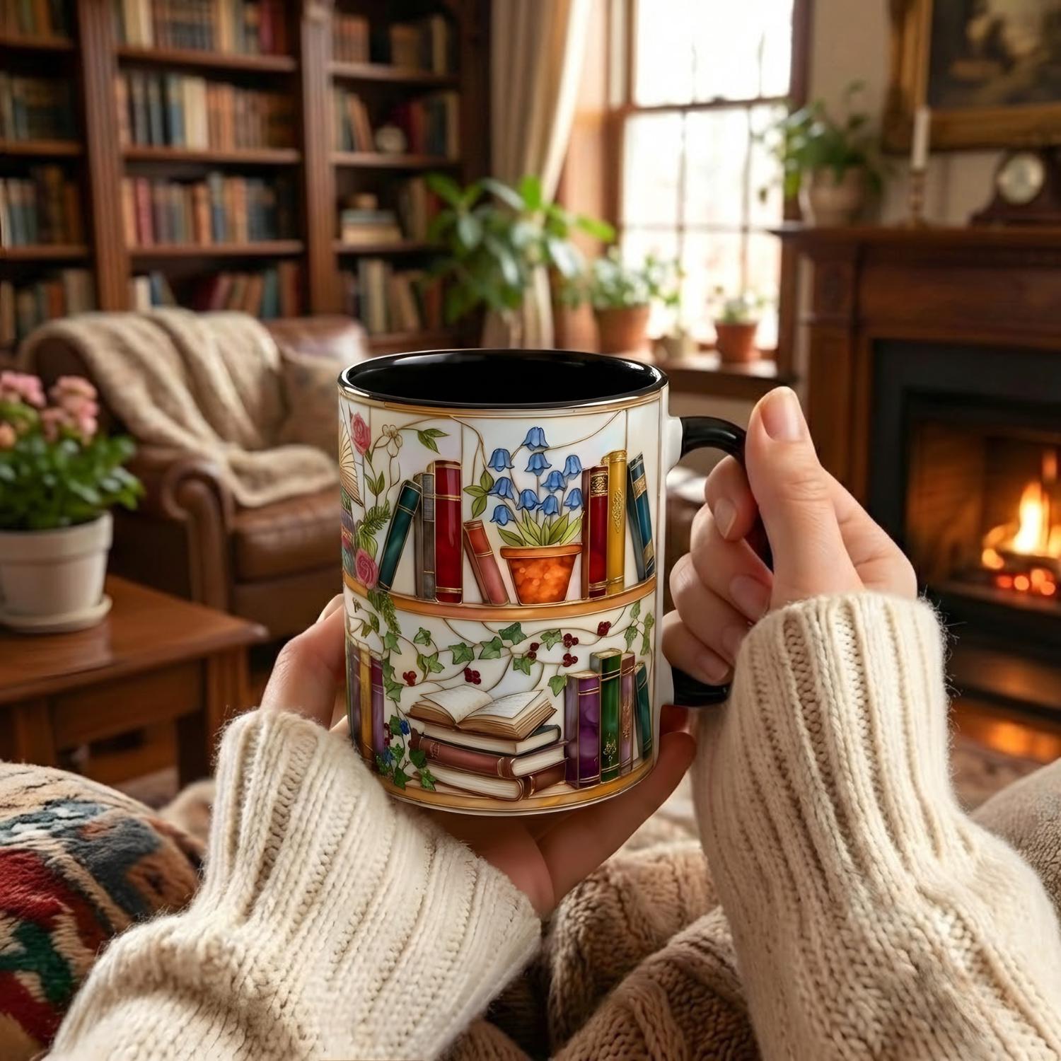 Stained Glass Bluebell Mug, Floral Ivy Bookshelf Cup, Cottagecore Reader Gift, Rose Library Art, Botanical Book Lover, 11oz 15oz, Gift Mug – Thoughtful Design for Coffee Lovers