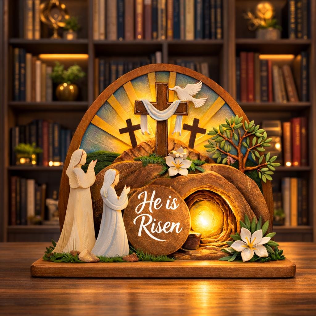 Easter Wooden Standing, He is Risen Decor, Empty Tomb Cross Scene, Christian Resurrection Display, Faith Tabletop Shelf Sign Gift