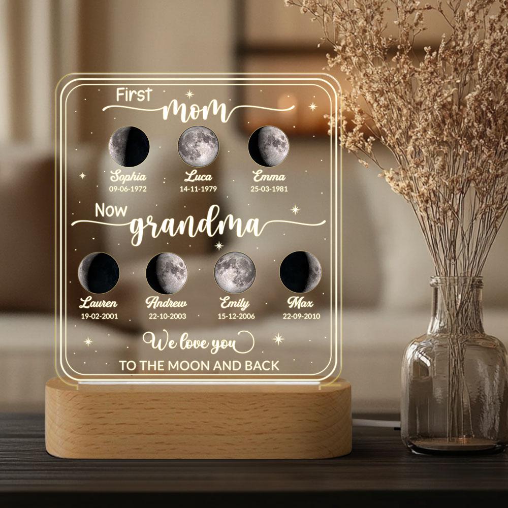 Personalized Moons Phase With Kids Names Night Light, Custom First Mom Now Grandma, Mother’s Day Present for Mom, the Day You Were Born Gift