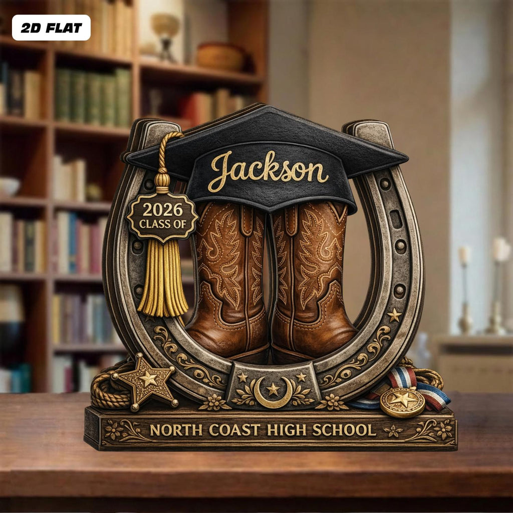 Personalized Graduation Wooden Block, Cowboy Boots Class of 2026 Gift, Custom Name Senior Keepsake, Western Graduation Decor, Wooden Sign