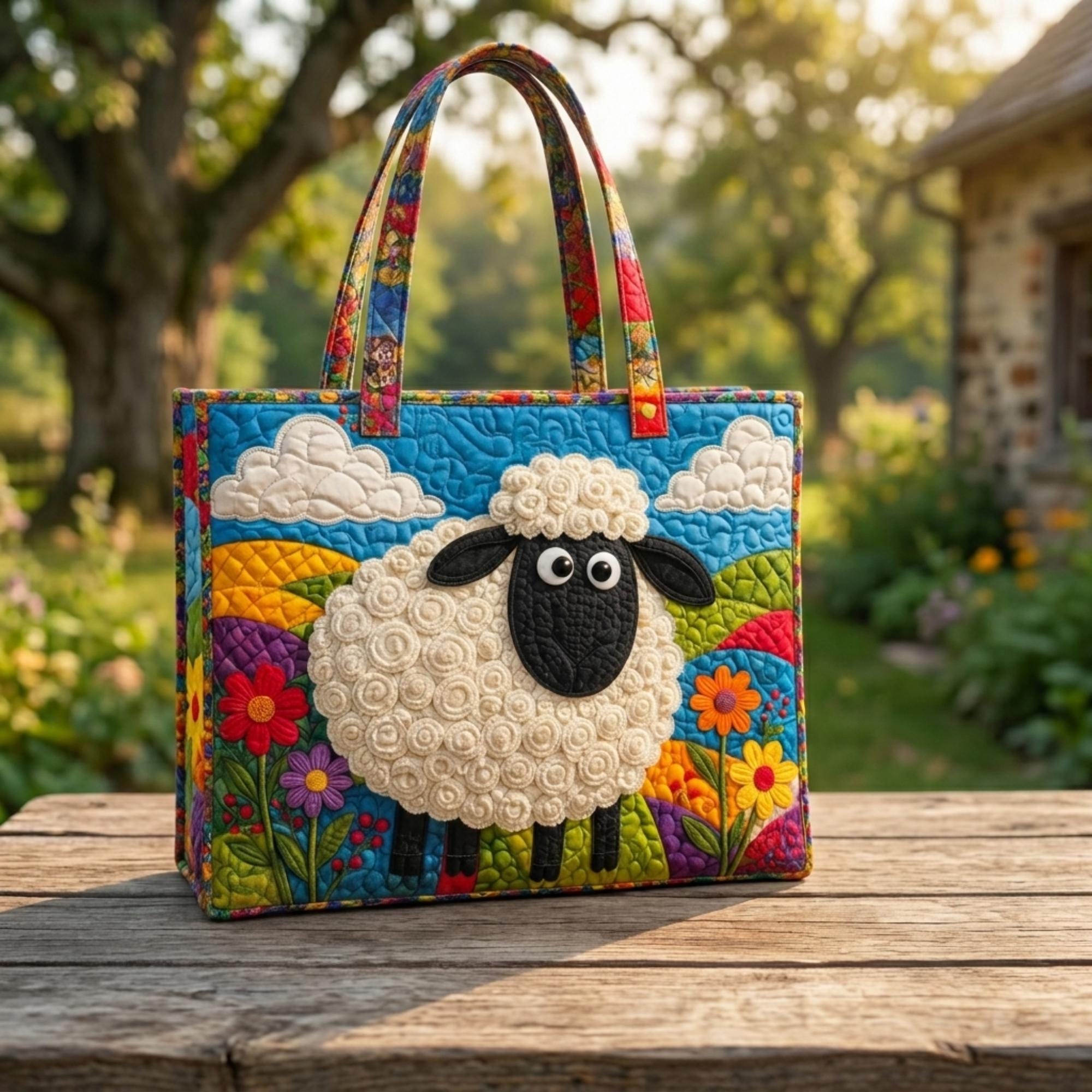 Quilted Sheep Tote Bag, Farm Animal Patchwork Cottagecore Shoulder Bag. TBPETAL34