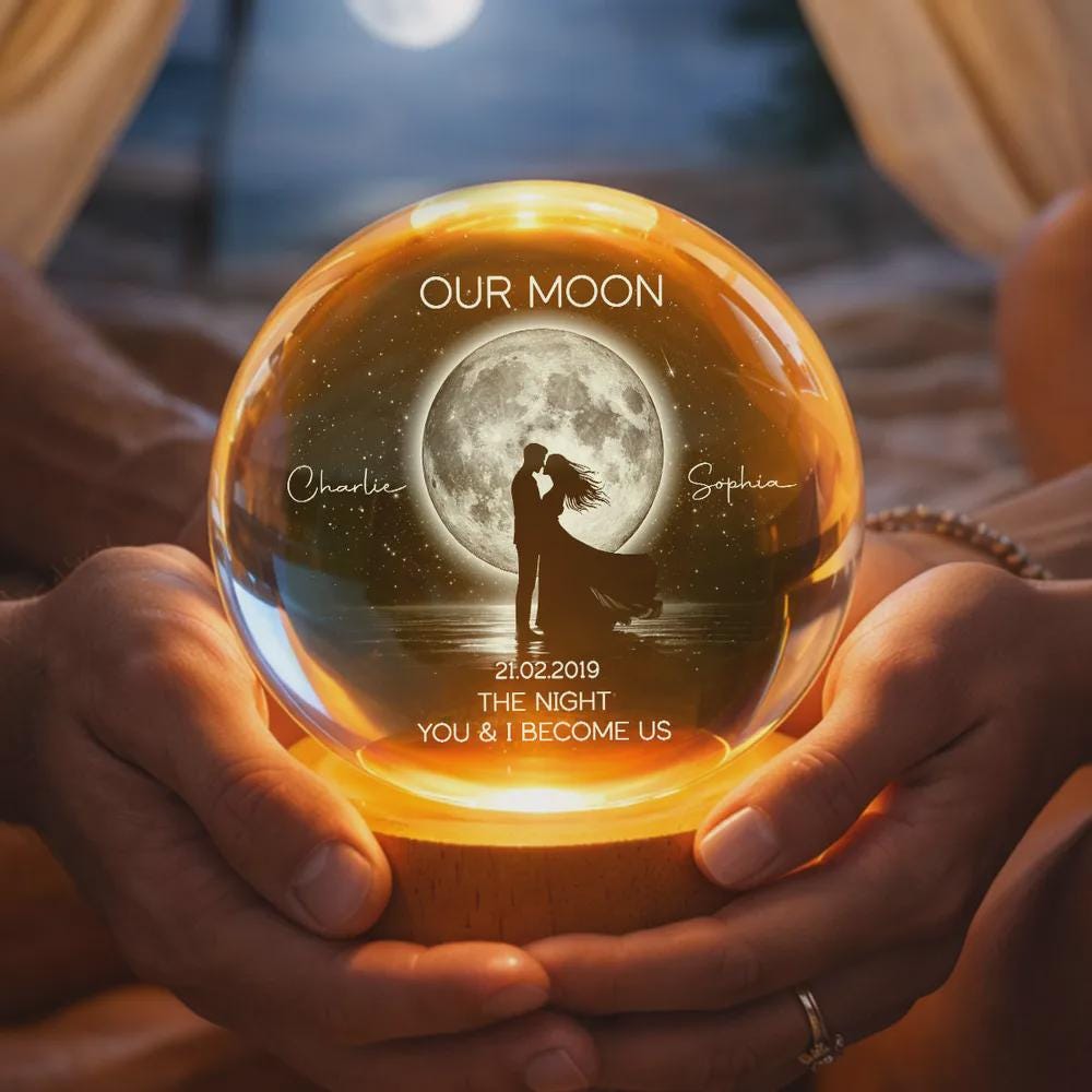 Personalized Moon Phase Crystal Ball Night Light, Couple Anniversary Gift, Customizable with your names or special date, USB powered with 4 lighting modes