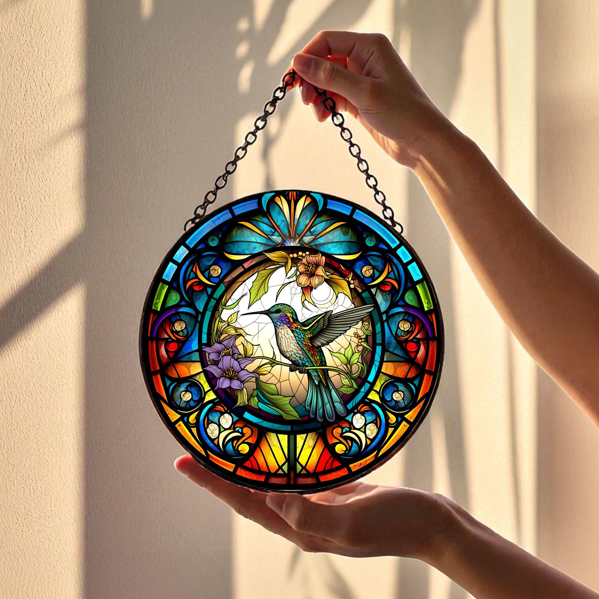 Bird Suncatcher, Stained Glass Style Window Hanging, Colorful Hummingbird Sun Catcher, Floral Nature Inspired Glass Art, Unique Gift Decor