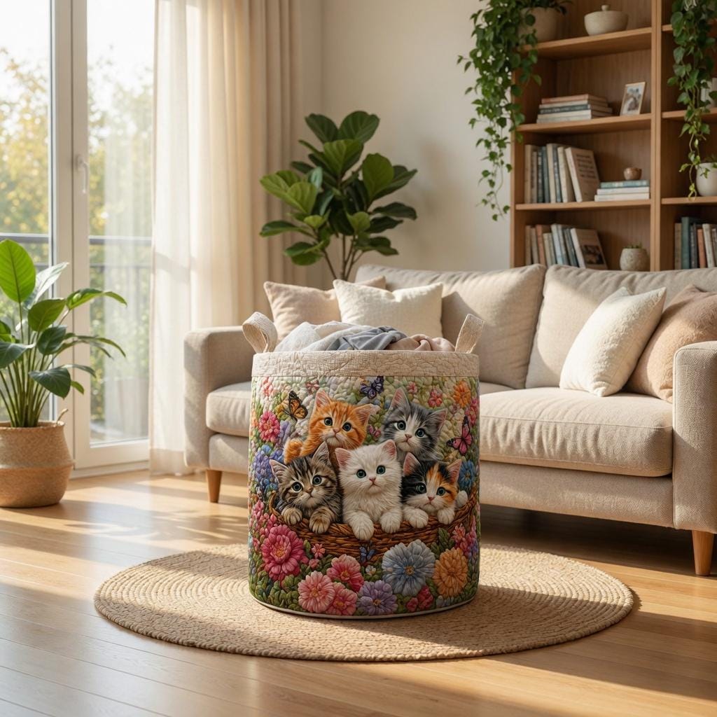 Vintage Meow Quilted Laundry Basket, Cat Laundry Room Decor, Soft Fabric Hamper, Colorful Cat Storage Bin, Gift for Mom, Gift for Her