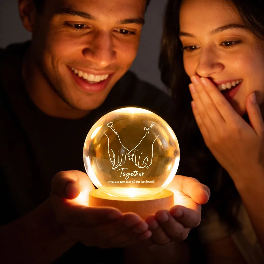 Couple Interlocked Hands - Personalized Crystal Ball LED Night Light, Valentines Day Wedding Anniversary Gift For Couple