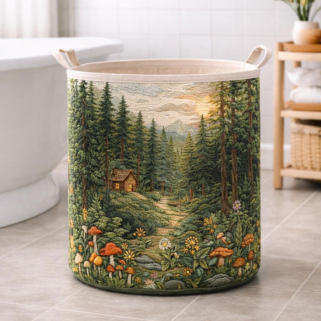 Forest Cabin Quilted Laundry Basket, Woodland Fabric Hamper for Bathroom, Bedroom or Rustic Home Decor