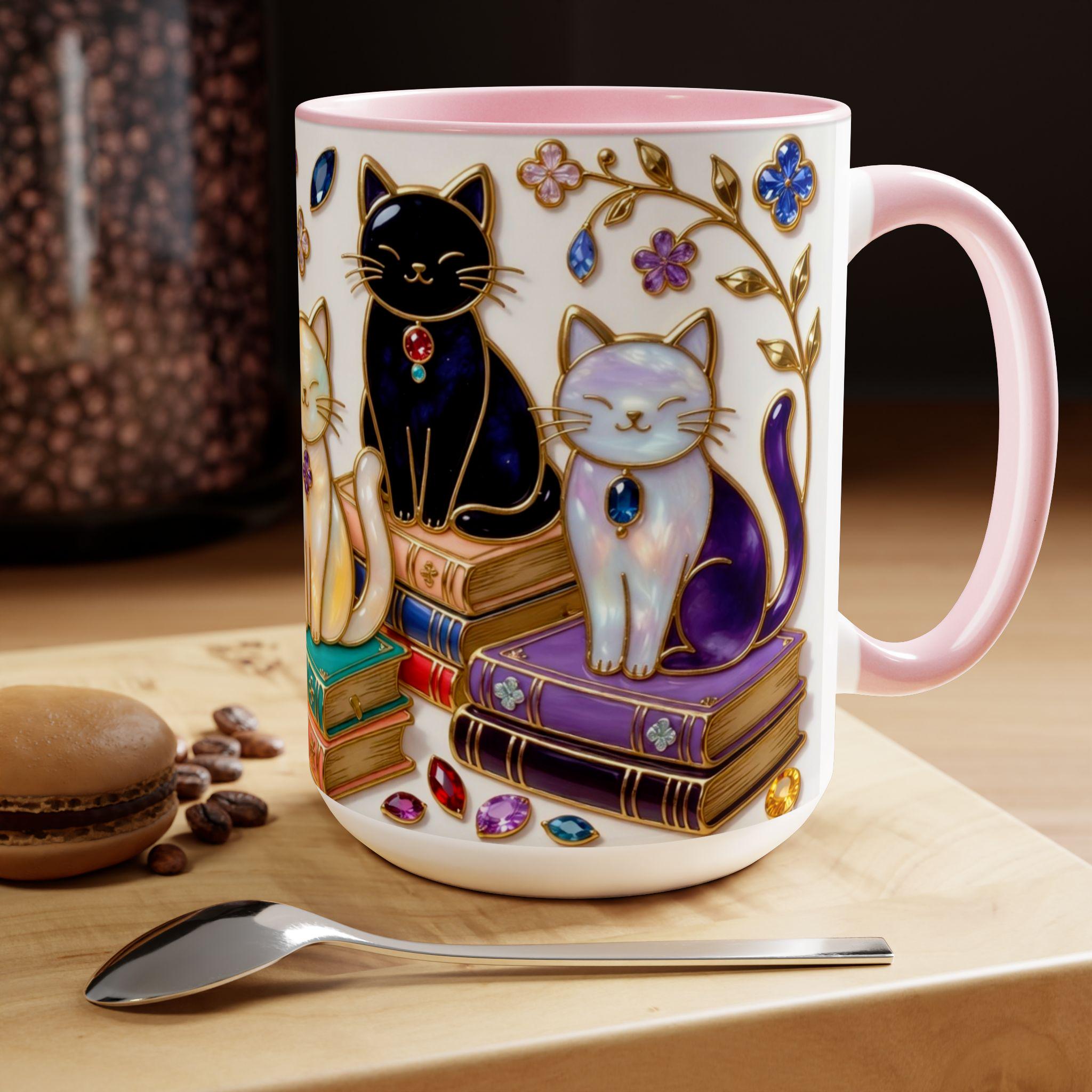 Stained Glass Style Cats Mug, Bookish Cat Art Mug, Jewel Tone Fantasy Cats Cup, Book Lover Mug 15oz, Premium Ceramic Mug – Everyday Use & Gift Idea