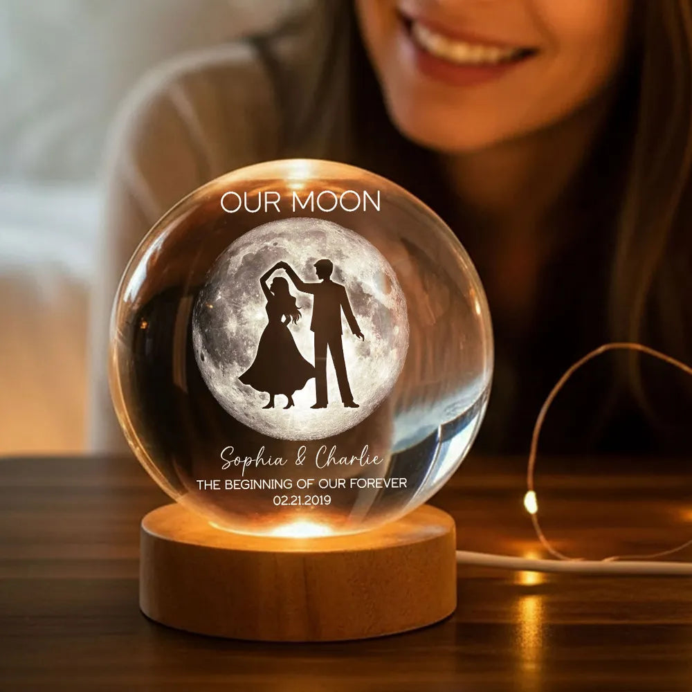 Couple Dancing in the Moonlight, Custom Moon Phase by Date, Personalized Crystal Ball LED Night Light, Valentine's Day Gift For Couple