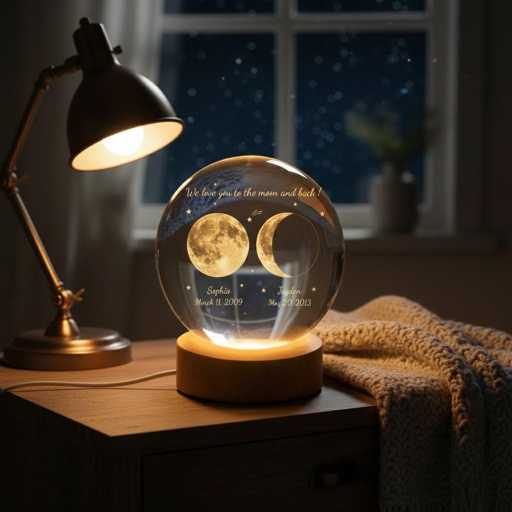 Personalized Moon Phase Kids Name Crystal Ball LED Night Light, Custom Moon Phase Lamp, Mother’s Day Gift, Children Name Keepsake Decor